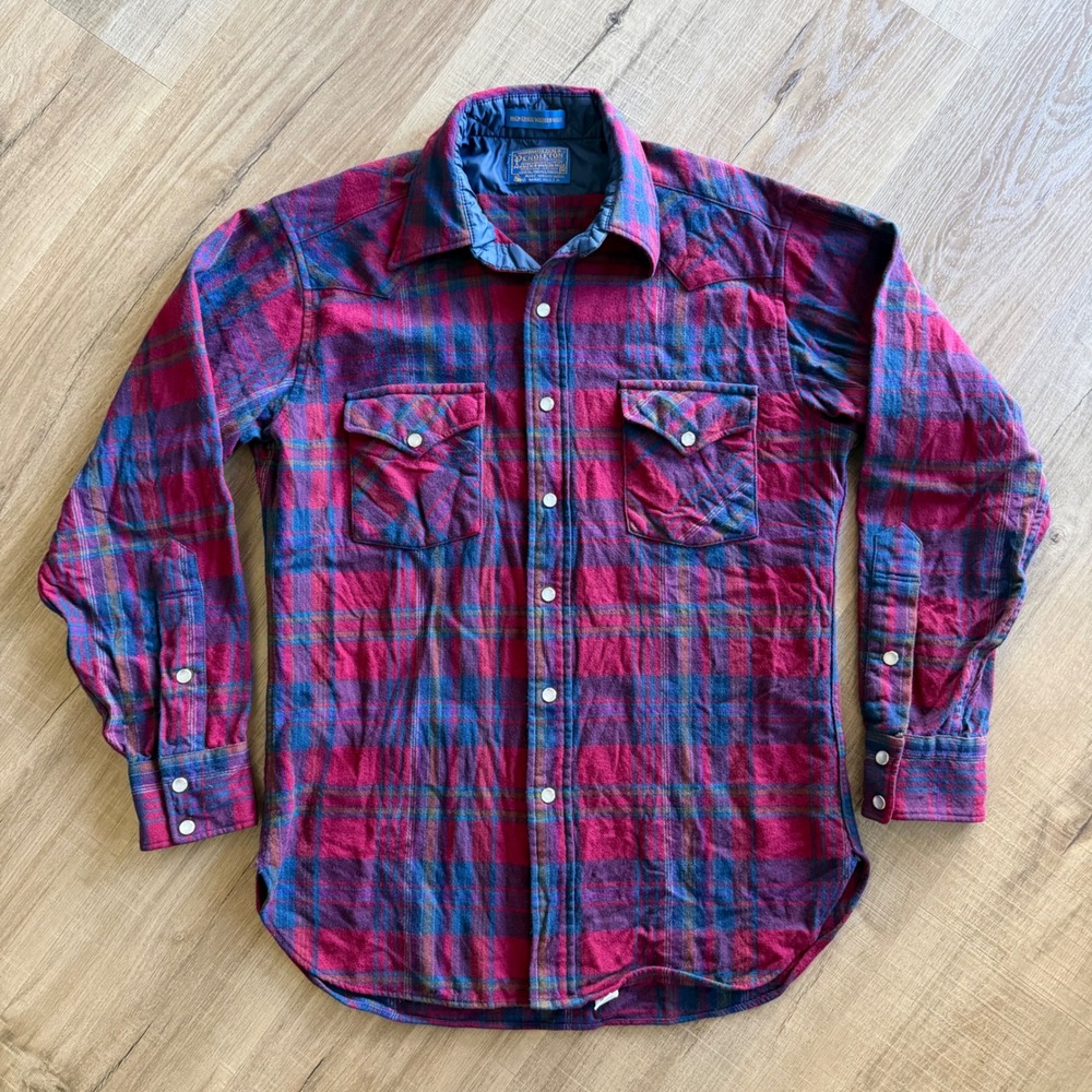 Pendleton High Grade Western Wear Wool Flannel Shirt Red Blue Plaid Mens Medium